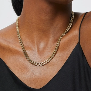 18K gold-plated chunky Cuban chain necklace for women featuring sparkling pavé zircons