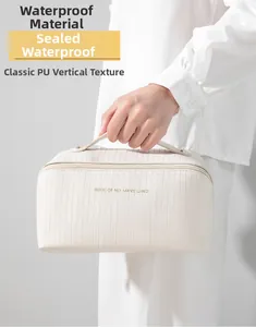 Detail of cream PU leather makeup bag with vertical stripes and waterproof texture