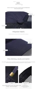 Detail view of navy mesh baseball cap with metal buckle and breathable polyester fabric