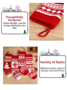 Detail of red and white knitted Christmas stockings with snowflake and reindeer patterns