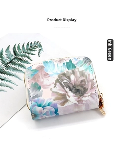 Ink Green floral zip coin purse with traditional ink wash pattern and gold hardware