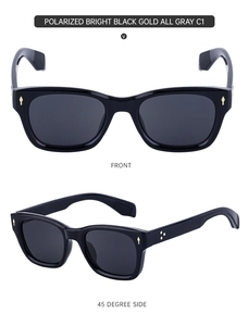 Macro detail of polarized square sunglasses featuring black frame and golden metal accents