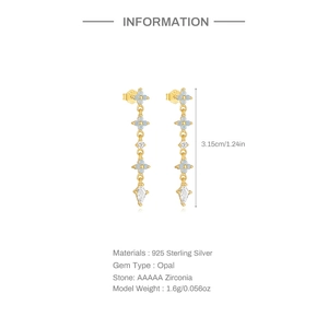 Detail of S925 sterling silver drop earrings with opal and zircon featuring 3.15cm height