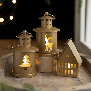 Christmas Lantern Candle Holder Gold Hollow Iron Metal Deer Tree House Retro Desktop Festive Atmosphere Decor