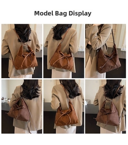 Detail view of brown faux suede backpack showing versatile shoulder and crossbody straps