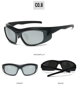 Multi-angle views of sports cycling sunglasses with black frame and silver mercury lens