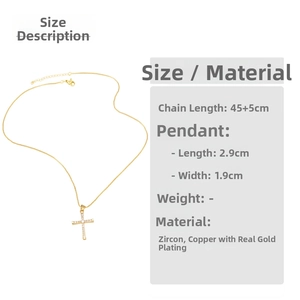 Detailed size specifications for gold cross necklace with zircon and copper material