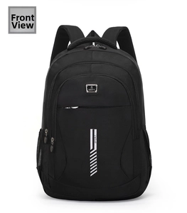 Front view of black sport backpack showing silver zipper pocket and white SPORT logo