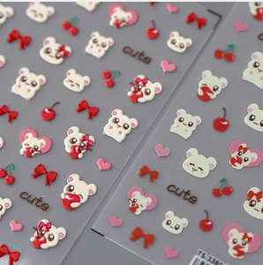 Macro shot of 3D embossed cute hamster and cherry nail art stickers TS-3380