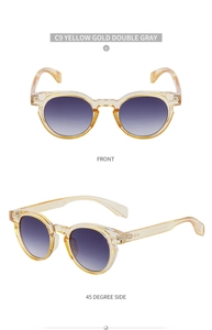 Detail view of oval yellow transparent frame sunglasses with gradient gray lenses