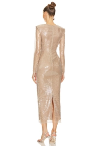 Detail of champagne gold sequin maxi dress back view featuring a sophisticated slit
