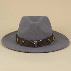 Ethnic style grey felt cowboy hat with leather band and silver bull head ornament