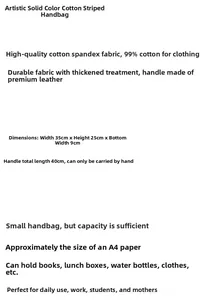 Size chart and fabric details of the minimalist cotton striped tote with leather handle
