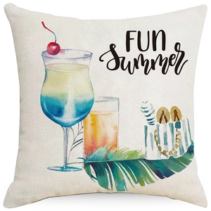 Linen floral throw pillow case with watercolor summer print and artistic text decor