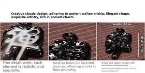 Detail of Zen-shaped black ceramic backflow incense burner showing smoke flow and dimensions