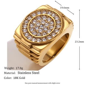 Men's 18K gold plated stainless steel watch-strap ring with micro-paved diamonds