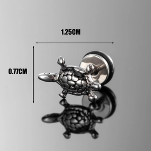 Polished stainless steel turtle stud earring with measurements 1.25cm by 0.77cm
