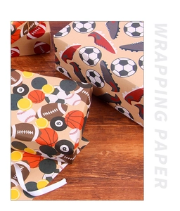 Detail of vintage sports theme wrapping paper featuring football and basketball patterns