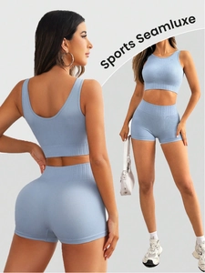Detail view of seamless ribbed light blue workout set with racerback top and high waist shorts