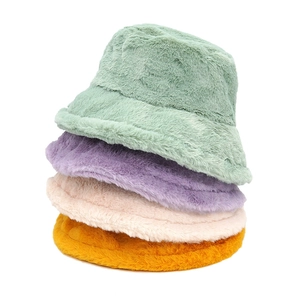 Colorful plush faux rabbit fur bucket hats for women in mint, purple, pink and yellow