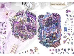 Detailed close-up of 2.5D miniature scene stickers in purple and pink for DIY journaling