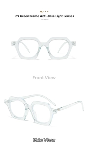Detail view of transparent green polygon frame sunglasses with anti-blue light lenses