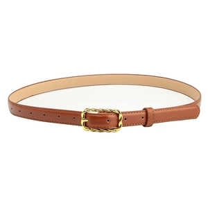 Minimalist brown PU leather belt for women featuring a stylish golden twisted buckle design