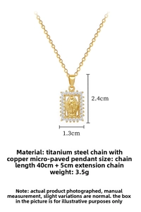 Macro view of gold stainless steel portrait pendant with sparkling white zircon inlay