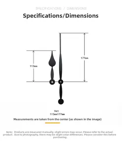 Detaillierte Größentabelle für schwarze Metalluhrzeiger Modell 941 mit 113mm und 177mm Länge