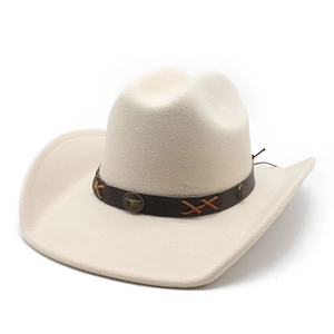 Beige wool felt western cowboy hat with brown leather band and bull metal emblem