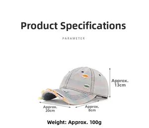 Detailed dimension guide for distressed denim baseball cap with rainbow fabric accents