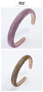 Detailed tile display of purple and champagne luxury rhinestone headbands with velvet lining