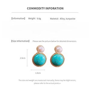 Detail specifications of vintage pearl and turquoise earrings with dimensions and weight