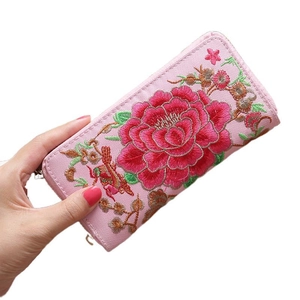 Ethnic style pink long wallet for women with peony embroidery and zipper closure