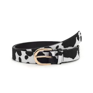 Women's leopard hair leather belt with cow print pattern and gold D-ring buckle