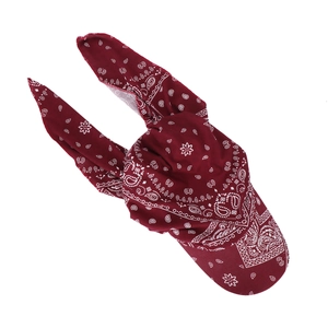 Detail of red paisley baseball cap with adjustable top knot and white floral patterns