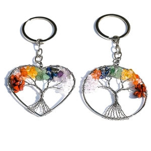 Detail of tree of life keychains with heart and round shapes using natural healing crystals