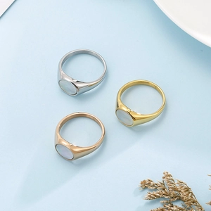 Flat top geometric signet rings with white shell inlay in gold, silver and rose gold