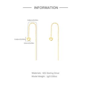 Detailed technical diagram showing 9.55cm length and size of S925 silver heart threader