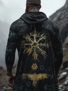 Detailed back view of men's Viking hooded cloak with gold runes and Valknut symbol