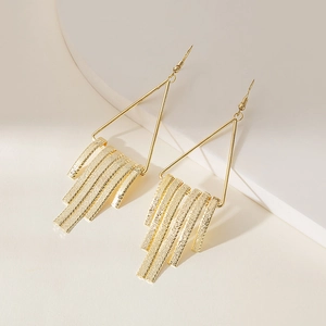 Exaggerated gold multi-layer hollow geometric triangle drop earrings with fringe tassels
