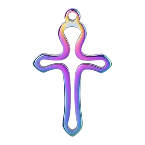 Macro shot of 304 stainless steel rainbow cross pendant with hollowed design details