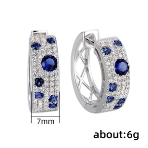 Silver hoops with pavé white zircons and blue round stones, 7mm width and 6g weight