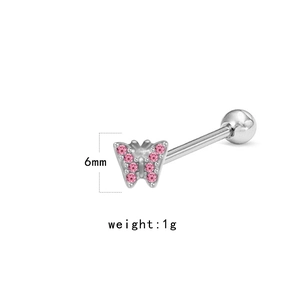 Piercing de langue en acier chirurgical avec papillon rose étincelant, diamètre de 6 mm