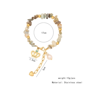 Detail view of beaded natural stone bracelet with stainless steel sizing specifications