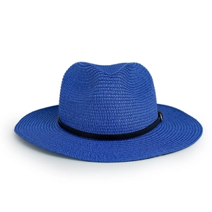 Detail of bright blue straw fedora hat featuring a fine black leather band and metal buckle