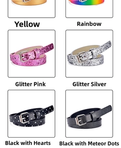 Collage of kids skinny belts featuring glitter patterns and colorful heart designs