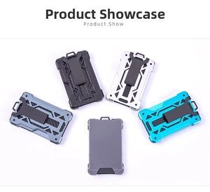 Detailed view of RFID-blocking carbon fiber wallets in various metallic colors with steel clips