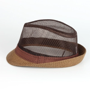British style jazz fedora hat with brown mesh top and straw brim for summer beach sun protection
