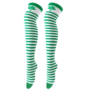 Close-up of green and white striped over-knee socks with festive shamrock patterns